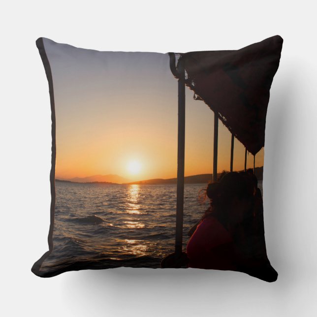 Aegean lifestyle on boat at sunset in summer throw pillow (Front)