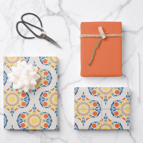 Aegean Summer Orange &amp; Lemons Mid Mod Ogee Wrapping Paper Sheets