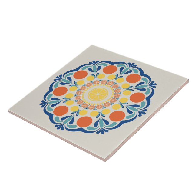 Aegean Summer Oranges And Lemons Dot Mandala Ceramic Tile (Side)