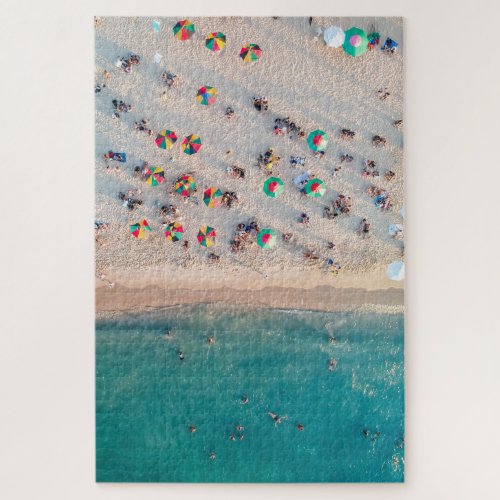 Aerial Beach View Colorful Umbrellas Photo Jigsaw Puzzle