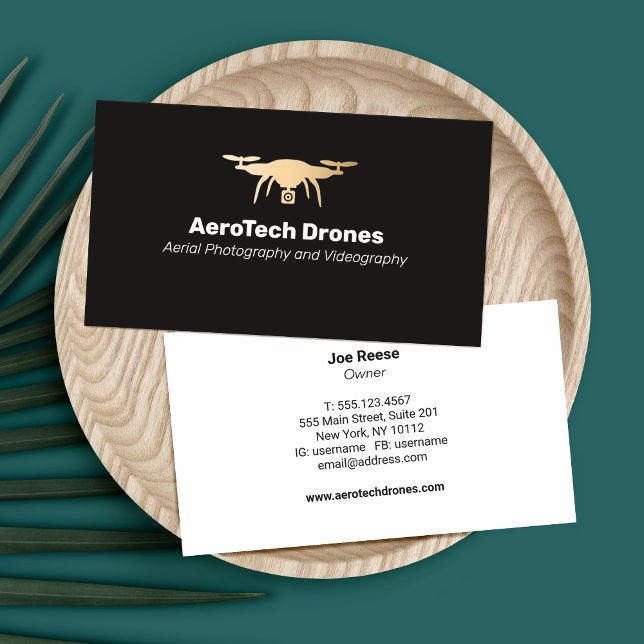 Aerial Drone Photography Services Gold and Black  Business Card (Gold Aerial photography drone on black background.)