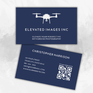 Aerial Drone Pilot Photography QR Code Navy White Business Card