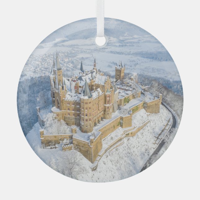 Aerial Hohenzollern Castle: snowy Germany. Glass Ornament (Front)