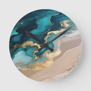 Aerial Ocean Resin Waves Turquoise Gold Coastal Round Clock