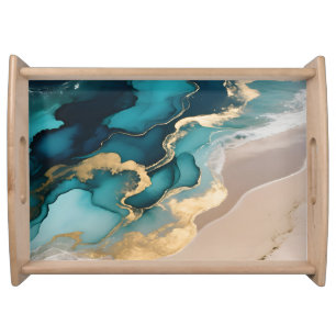 Aerial Ocean Resin Waves Turquoise Gold Coastal Serving Tray