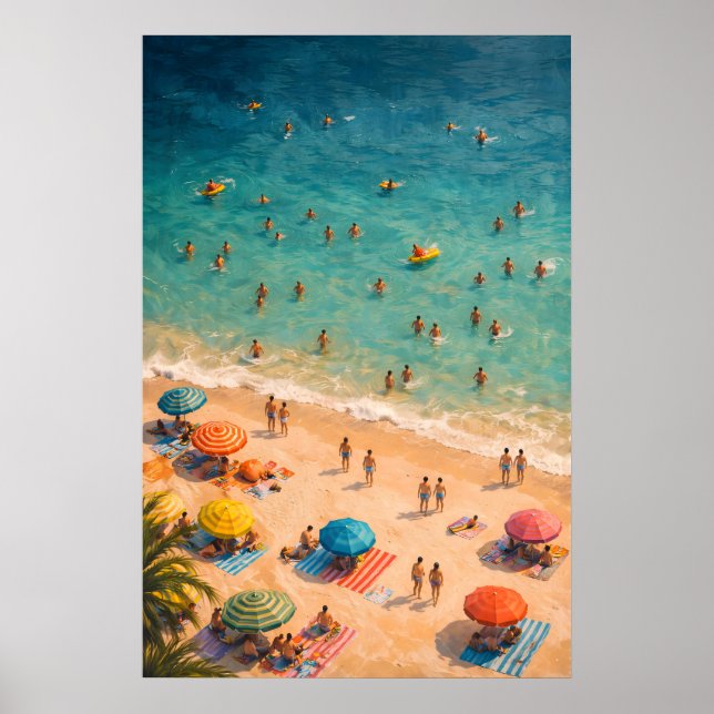 Aerial Ocean Swim Poster, Summer Beach Crowd Wall Poster (Front)
