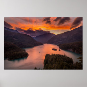 AERIAL PHOTOGRAPHY OF LAKE VIEWING MOUNTAIN UNDER  POSTER