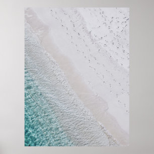 AERIAL PHOTOGRAPHY OF WHITE SAND SEASHORE AND GREE POSTER