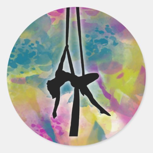 Aerial Silk Silhouette on Watercolor Flowers Classic Round Sticker