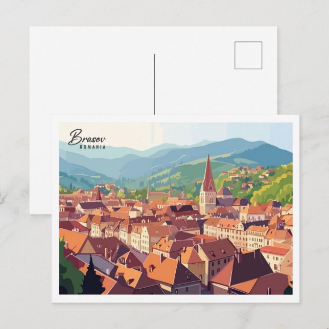Aerial View Brasov Romania Art Travel Postcard (Front/Back)