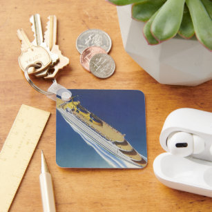 Aerial View of a Vintage Cruise Ship in the Ocean Keychain