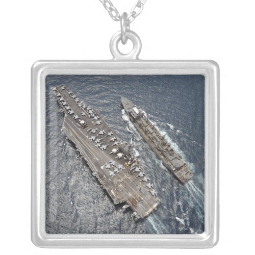 Aerial view of aircraft carrier USS Ronald Reag Silver Plated Necklace