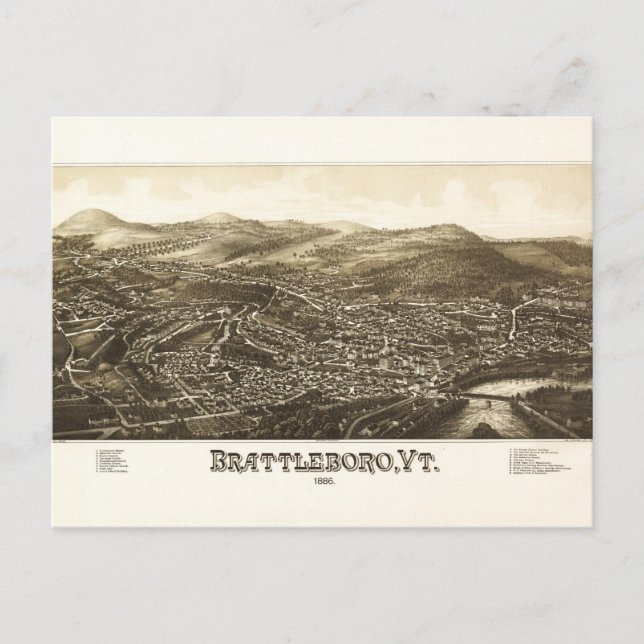 Aerial View of Brattleboro, Vermont (1886) Postcard (Front)