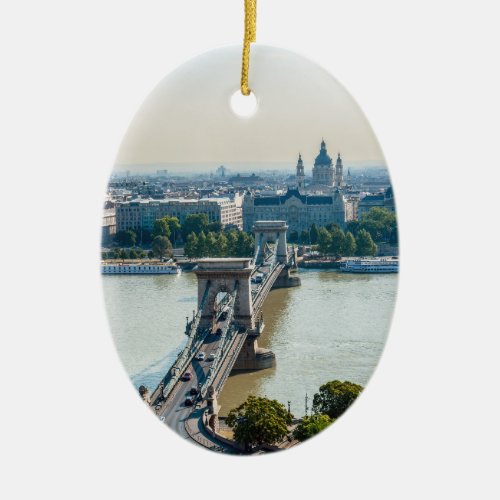 Aerial view of Chain Bridge _ Budapest Hungary Ceramic Ornament