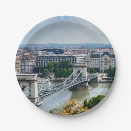 Aerial view of Chain Bridge in Budapest Hungary Paper Plates