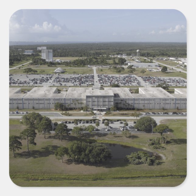 Aerial view of Kennedy Space Center Square Sticker (Front)
