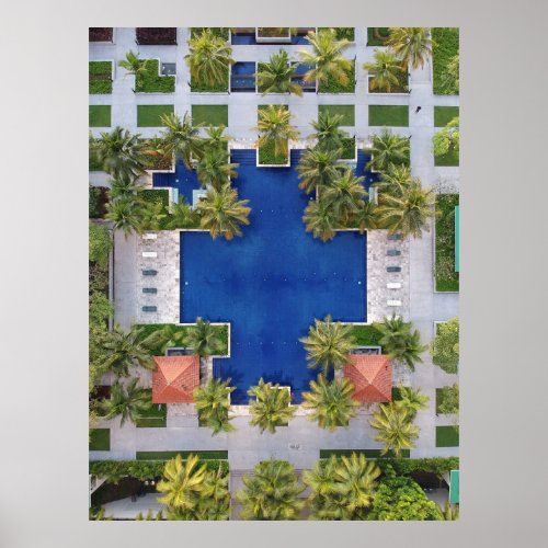 Aerial view of pool surrounded by palm trees poster