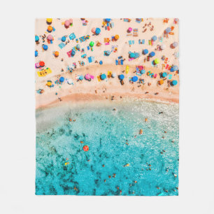 Aerial view of sandy beach with colorful umbrellas fleece blanket
