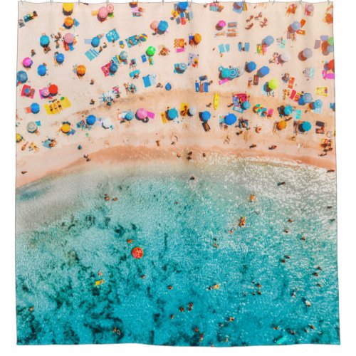 Aerial view of sandy beach with colorful umbrellas shower curtain