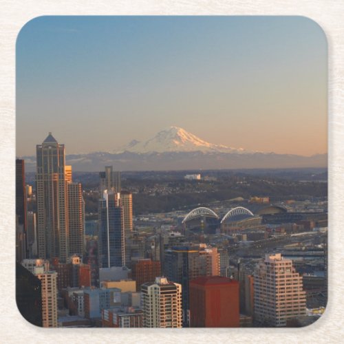 Aerial view of Seattle city skyline 2 Square Paper Coaster
