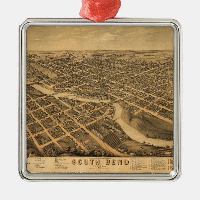 Aerial View of South Bend, Indiana (1874) Metal Ornament (Front)