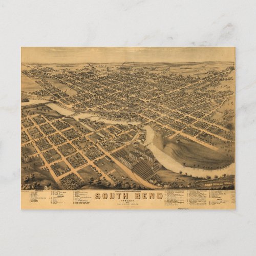 Aerial View of South Bend Indiana 1874 Postcard