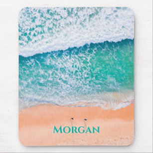 Aerial View of Teal Waves, People on Beach, Name Mouse Pad