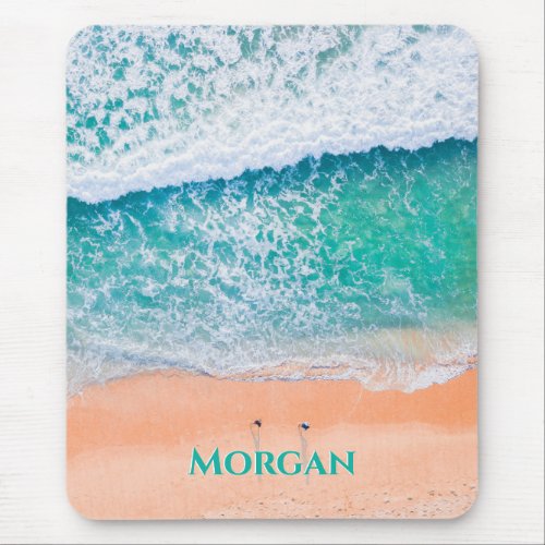 Aerial View of Teal Waves People on Beach Name Mouse Pad