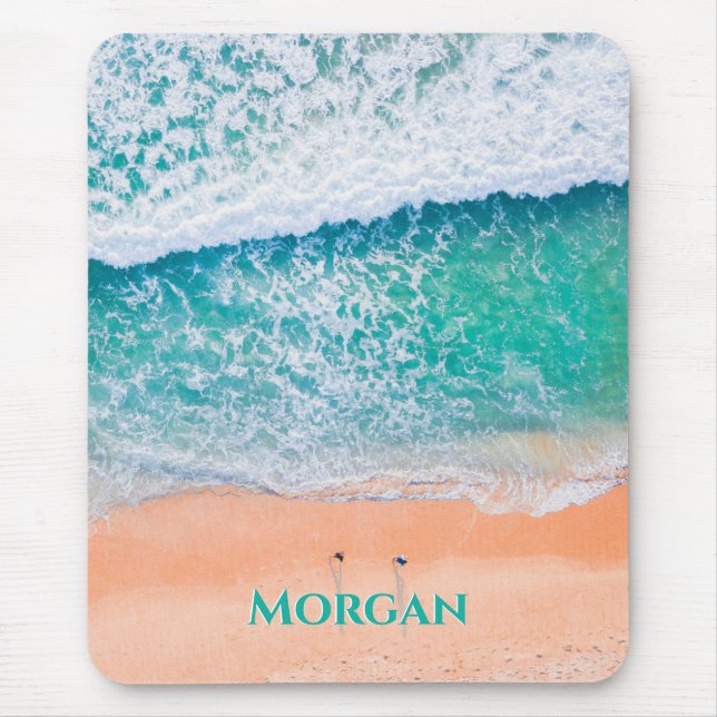 Aerial View of Teal Waves, People on Beach, Name Mouse Pad (Front)