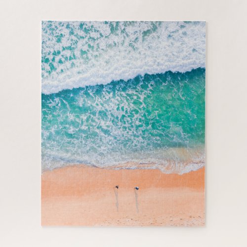 Aerial View of Teal Waves People Walking on Beach Jigsaw Puzzle