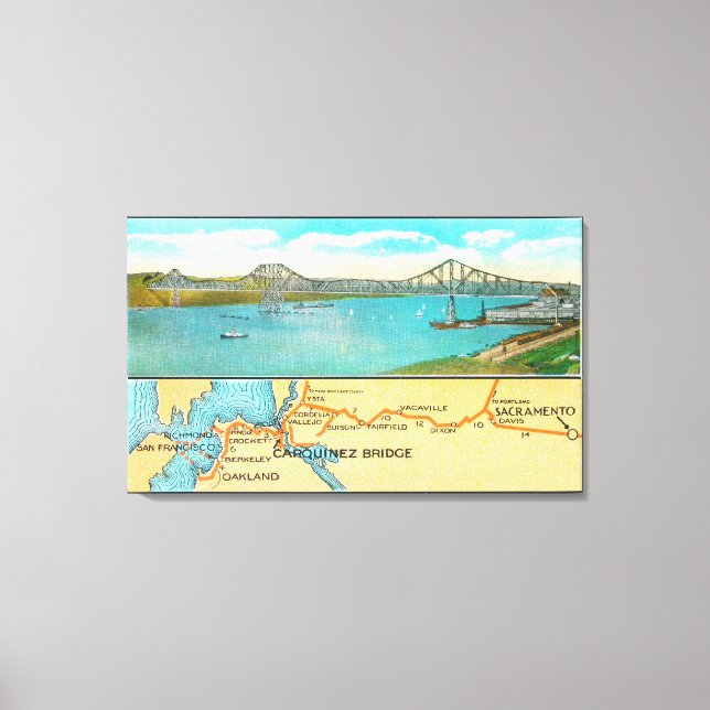 Aerial View of the Carquinez Bridge and Map Canvas Print (Front)