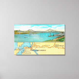 Aerial View of the Carquinez Bridge and Map Canvas Print