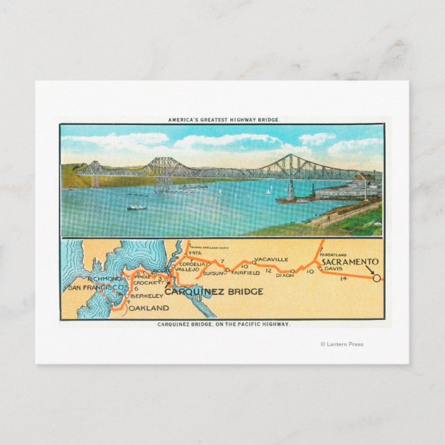 Aerial View of the Carquinez Bridge and Map Postcard (Front)