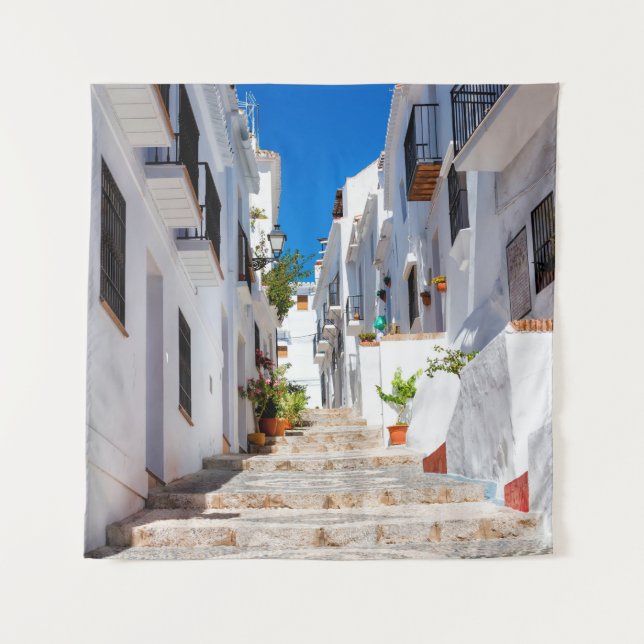 Aerial view of white city Frigiliana in sunny day  Tapestry (Front)