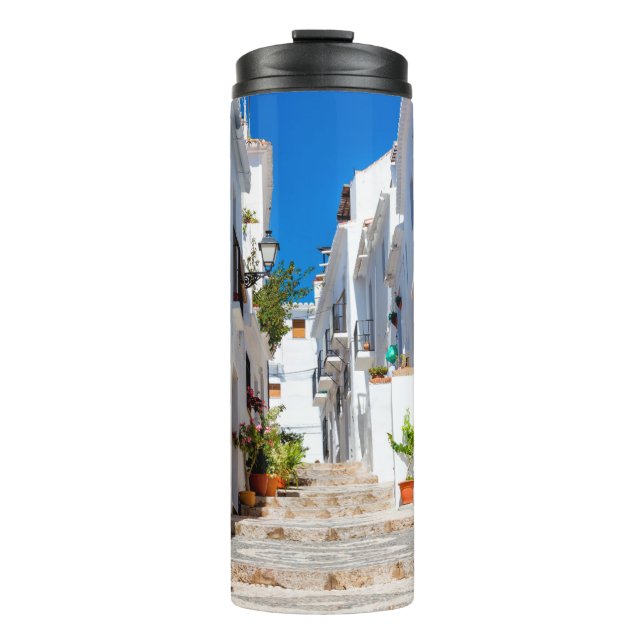 Aerial view of white city Frigiliana in sunny day  Thermal Tumbler (Front)