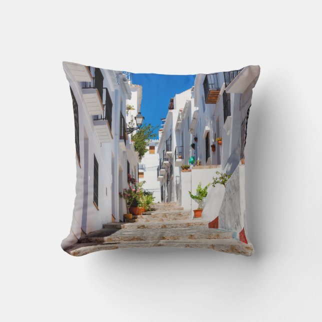 Aerial view of white city Frigiliana in sunny day  Throw Pillow (Front)