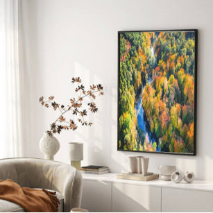 Aerial View of Winding River Sunny Autumn Forest Canvas Print