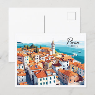 Aerial View Piran Slovenia Illustration Travel Postcard