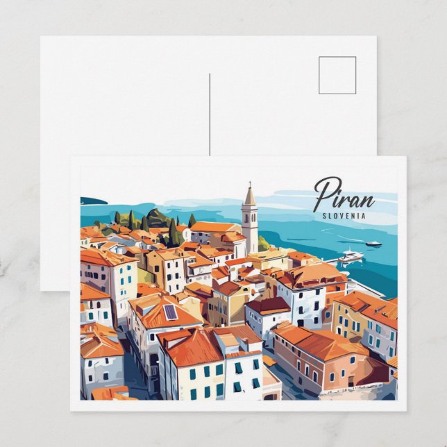 Aerial View Piran Slovenia Illustration Travel Postcard (Front/Back)