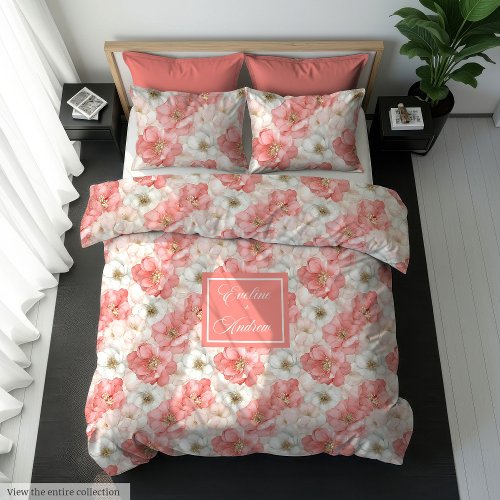 Aerial Watercolor Blush and Gold Flowers Duvet