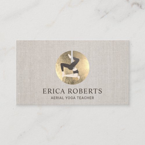 Aerial Yoga Instructor Gold Circle Elegant Linen Business Card