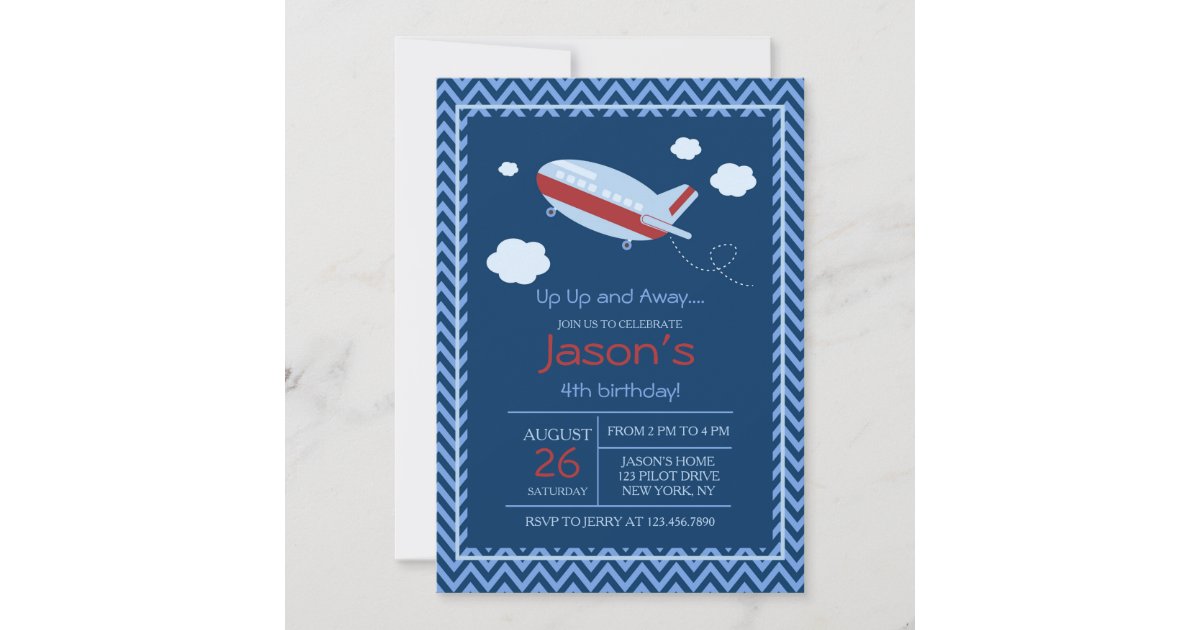 Aeroplane Birthday Party Invitation Red and Blue