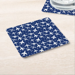 Aeroplane Pattern Cool Blue and White Square Paper Coaster