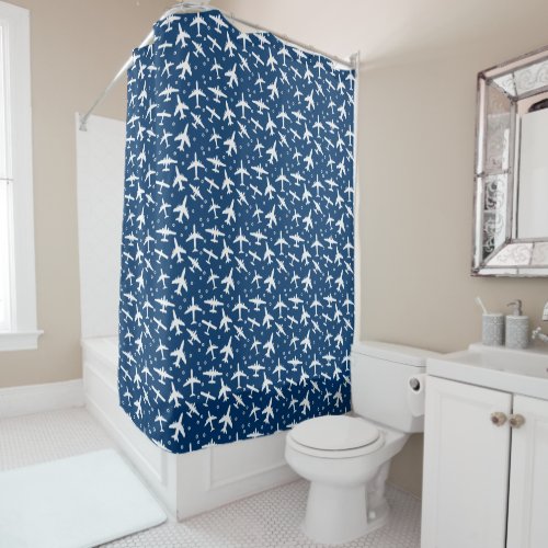 Aeroplanes Blue and White Airplane Pattern Shower Curtain