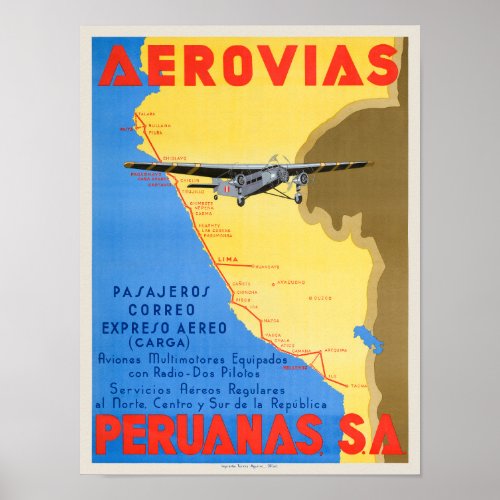 Aerovias Peruanas Peru Vintage Poster 1936
