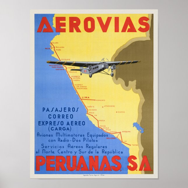 Aerovias Peruanas Peru Vintage Poster 1936 (Front)