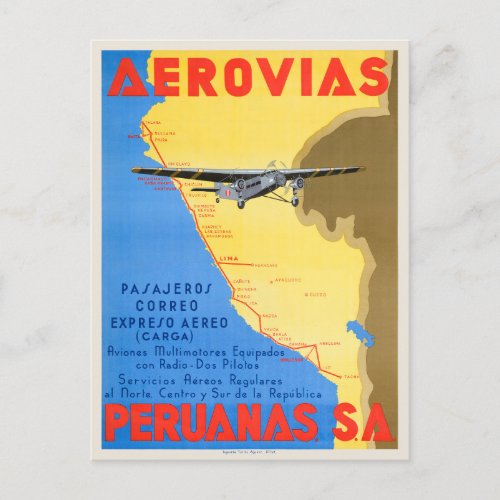 Aerovias Peruanas Peru Vintage Poster 1936 Postcard