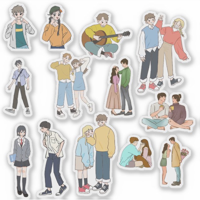 Aesthetic Anime Couple & Friends Casual Life Vinyl Sticker (Front)