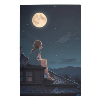 Aesthetic Anime Rooftop Night Illustration Metal Print