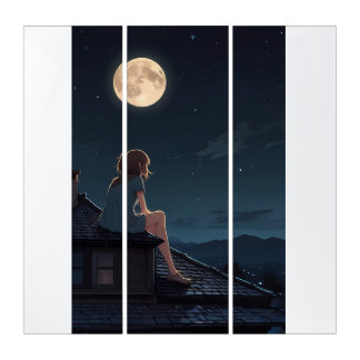 Aesthetic Anime Rooftop Night Illustration Triptych